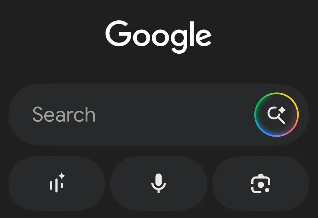 Suchleiste mit buntem Lens-Icon rechts, darunter der Text "KI-Modus" unter drei Symbolen für Tools.